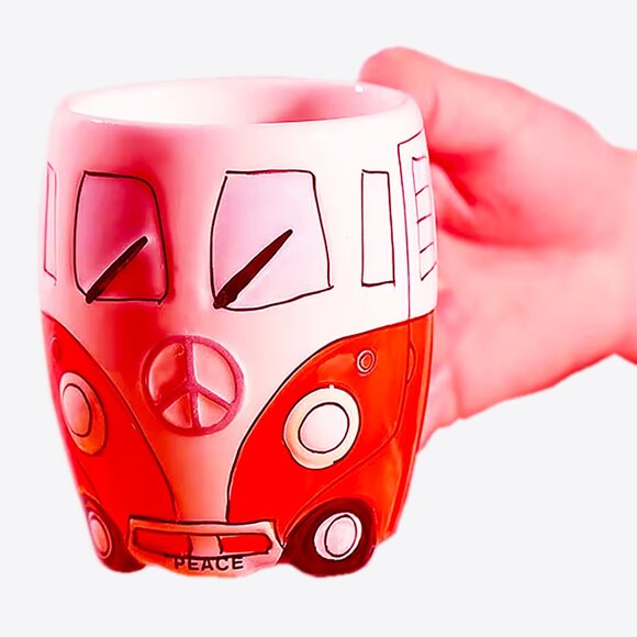 NEW 16 oz Red Retro Hand Painted Hippie Camper Peace Van Ceramic Porcelain Mug - Picture 5 of 10